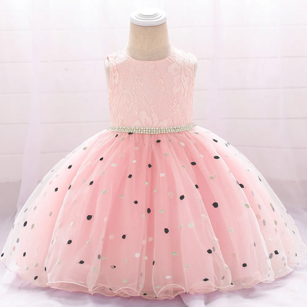 1 год, кружевное Сетчатое платье для маленьких девочек детское платье-пачка с бантом для дня рождения, крещения вечернее платье принцессы с цветочным рисунком Одежда для девочек, L1900XZ - Цвет: pink