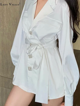 

Suit collar diamond buckle belt tie waist silk satin shirt ladies spring and autumn fashion versatile temperament tops