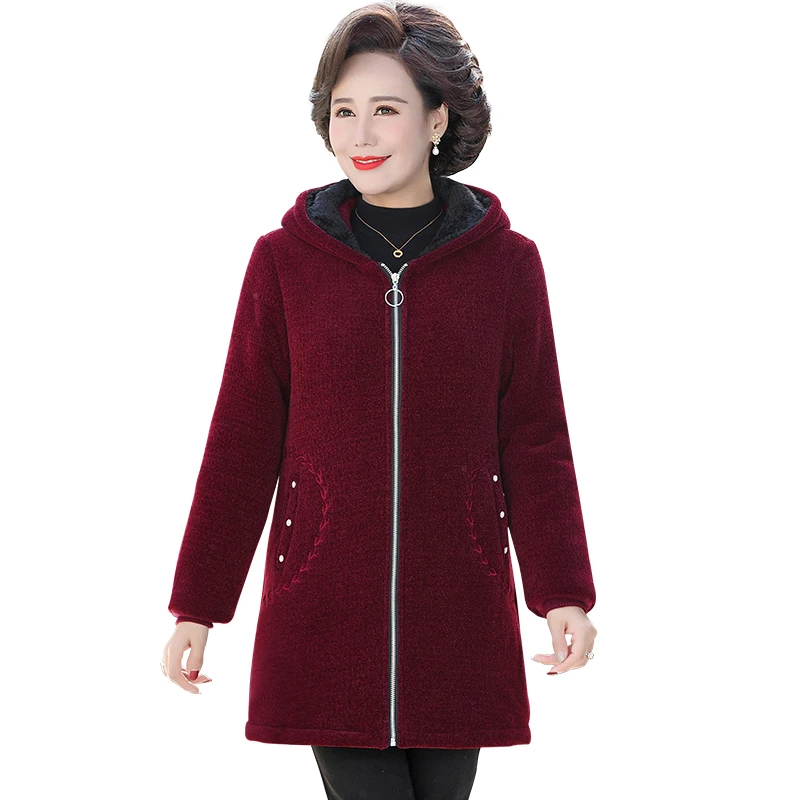 

Winter Jacket Plus Velvet Padded Coat Middle-aged Women Hooded Parkas Wadded Jackets Thick Warm Outwear