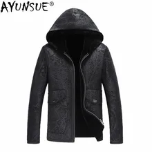 AYUNSUE, натуральная кожа, куртка, Мужская, зимняя, Натуральная овечья шерсть, пальто с капюшоном, овчина, куртка, одежда, обе стороны, A19-XX6603-2, KJ3818