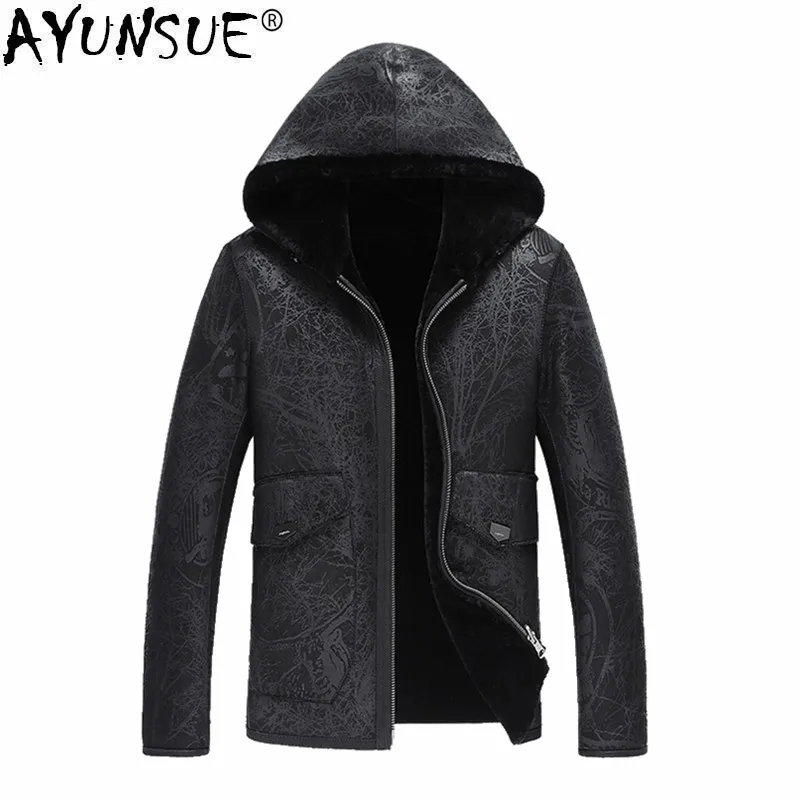 

AYUNSUE Genuine Leather Jacket Men Winter Natural Sheep Fur Coat Hooded Shearling Jacket Wear Both Sides A19-XX6603-2 KJ3818
