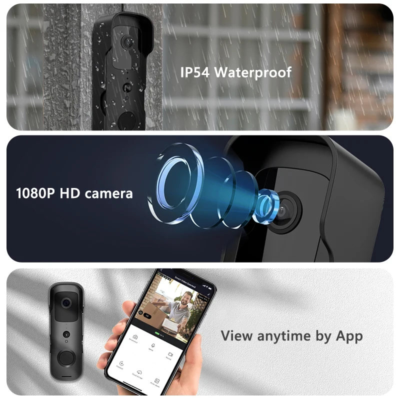 Timbre de puerta inteligente con cámara de seguridad para el hogar, timbre de puerta con vídeo, impermeable IP54, intercomunicador, visión nocturna, IP, WiFi, inalámbrico - Imagen 2
