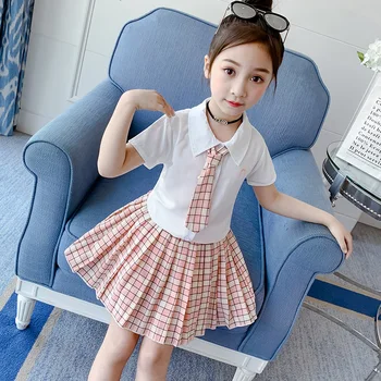 

Summer Children's Clothing 3-13 years old Uniform Sets for Girl Plaid Two-piece with Tie Turn-down Collar Cotton Kids Clothes