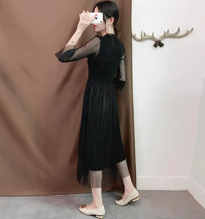 Miyake/плиссированное платье; сезон осень; Новинка; плиссированное платье с кружевным воротником и бантом; - Цвет: Черный
