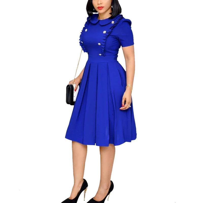 OTEN Pin up винтажное осеннее женское платье года, офисное платье с рюшами и короткими рукавами, плиссированное, на кнопках, тонкие, однотонные, вечерние, элегантные, женские