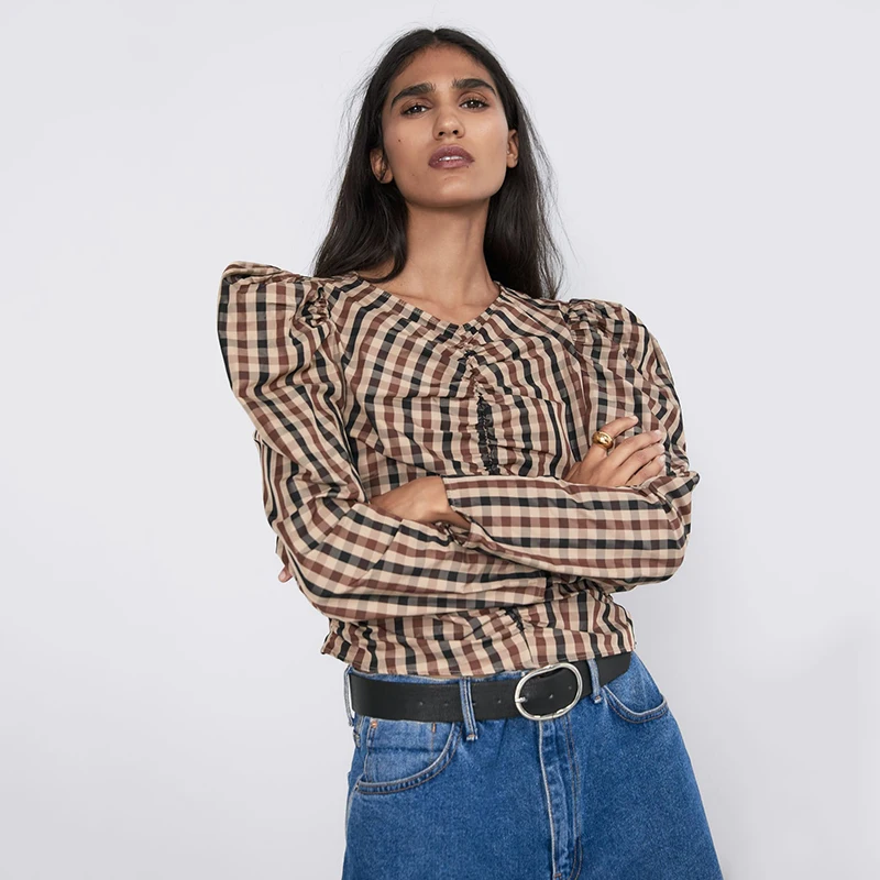 Женская клетчатая блузка ZA коричневая пышная с круглым вырезом и длинными