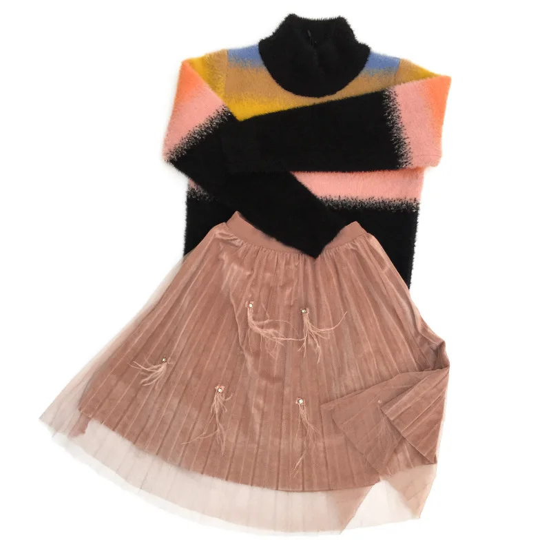 Luxurious Plush Sweater Girl Autumn Winter Thick Velvet Teenager Tops Colorful School Kids Pullover Sweater Skirt Clothes Sets