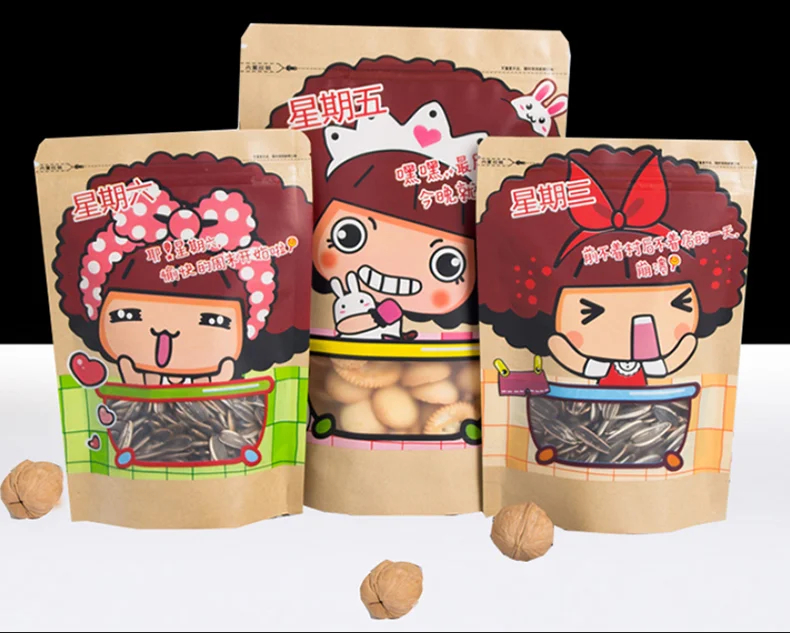 Мультяшный портативный крафт-бумажный мешок для хранения продуктов, орехов, закусок, печенья, конфет, стоящего шоколада, на молнии, с принтом, для окна, на молнии, для выпечки