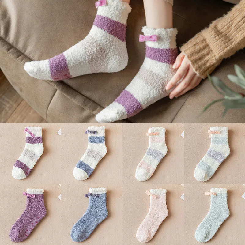 

Thick Socks Striped No-slip Cute Winter Socks Soft Solid Color Comfort Floor Sleeping Fashion Bow Coral Fleece Casual Women Sock
