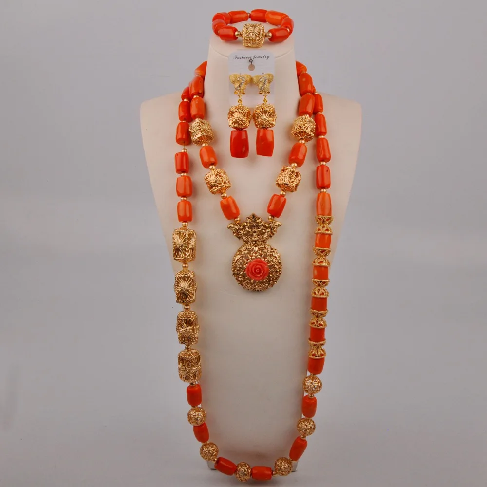 

Women's Wedding Accessories Orange Natural Coral Necklace Nigeria Wedding Beads African Bride Wedding Jewelry Set AU-449