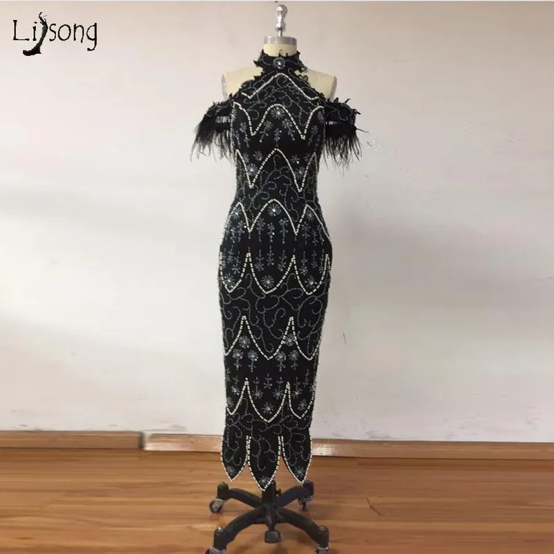 

Haute Couture Mermaid Long Evening Party Dresses Real Image Saudi Arabia Off Shoulder Feather Beaded Prom Gowns Vestido De Festa