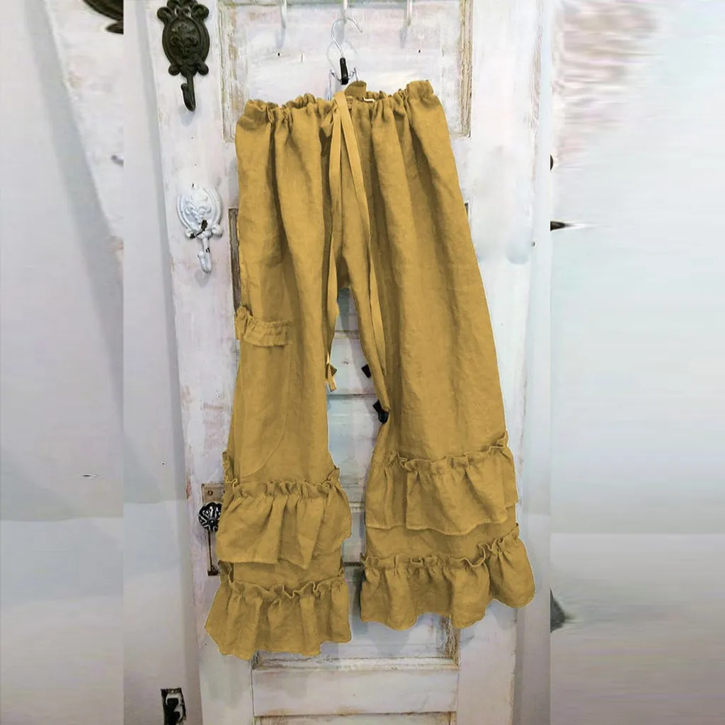 Женские повседневные штаны с эластичной талией, большие размеры, Pantalon свободные штаны с оборками, одноцветные хлопковые льняные брюки