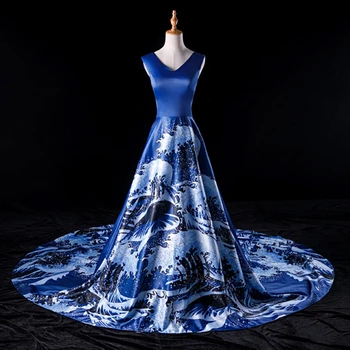 

Blue stage suit T stage model catwalk long show retro Chinese style fashion atmosphere host tail dress tuxedo female