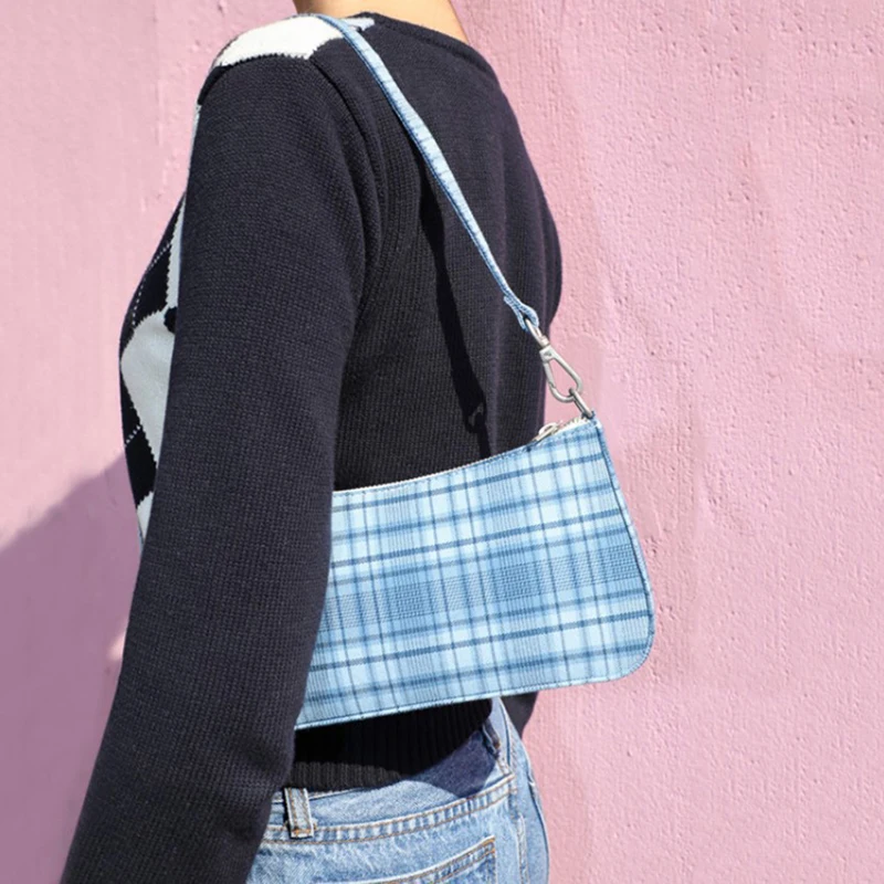 

vintage blue check baggie baggie versatile underarm bag literary fresh small shoulder bag