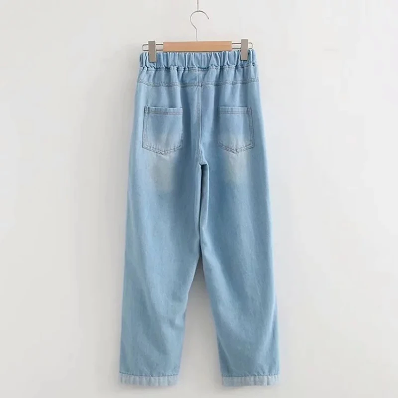 Women's casual preppy style Cute strawberry embroidery Fashion Design jeans loose Straight pants Elastic waist nine Denim Jeans