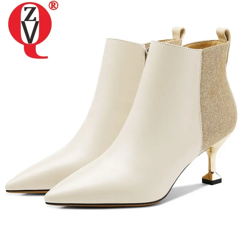 ZVQ/зимняя Свадебная женская обувь; модные брендовые ботинки из коровьей кожи; офисные ботильоны с острым носком на молнии на высоком каблуке 6,5 см
