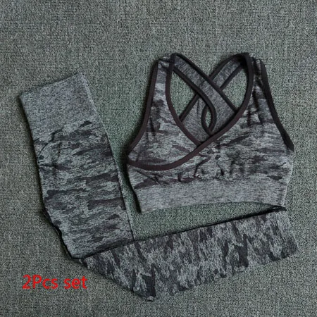 Black 2 pcs set 2 шт. камуфляжная бесшовная Спортивная одежда для женщин, набор для йоги, женская спортивная одежда, Тренировочный Набор, фитнес-набор, женские спортивный костюм, камуфляж - Цвет: Black 2 pcs set
