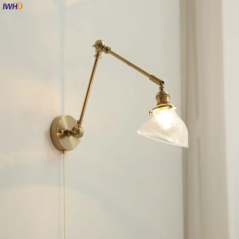 

IWHD Modern Copper Glass LED Wall Light Fixtures Pull Chain Switch Bedroom Stair Reading Beside Lamp Swing Long Arm Wall Sconce