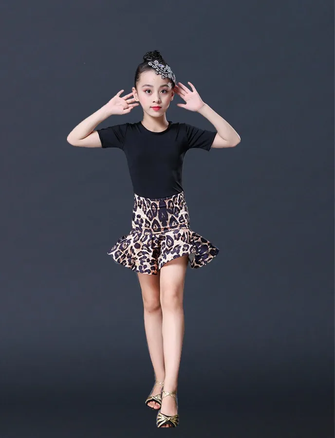 Short Sleeve Юбка для латинских танцев для девочек, юбки для бальных танцев, сальсы, танго, детское платье с разрезом для латинских танцев, трико и юбка - Цвет: Short Sleeve