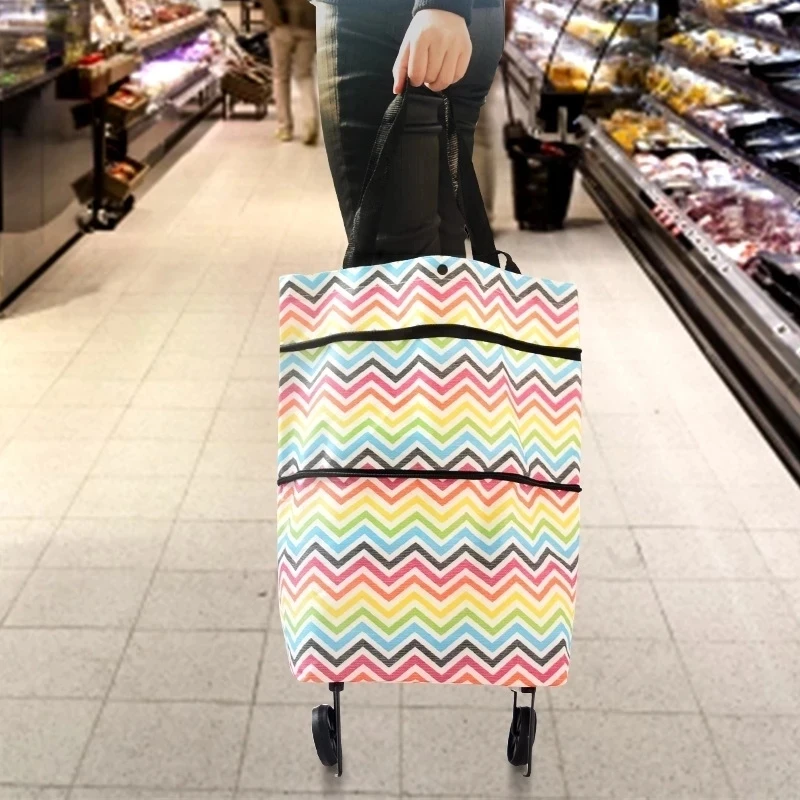 Compact Folding Reusable Shopping Trolley Bag with Wheels - Portable Food and Grocery Organizer