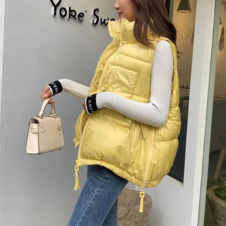 Winter Woman Down Cotton Short Vest Coat Yellow Stand Colloar Sleeveless Jacket Large size Waistcoat Korean Style Gilet Femme petite long puffer coat