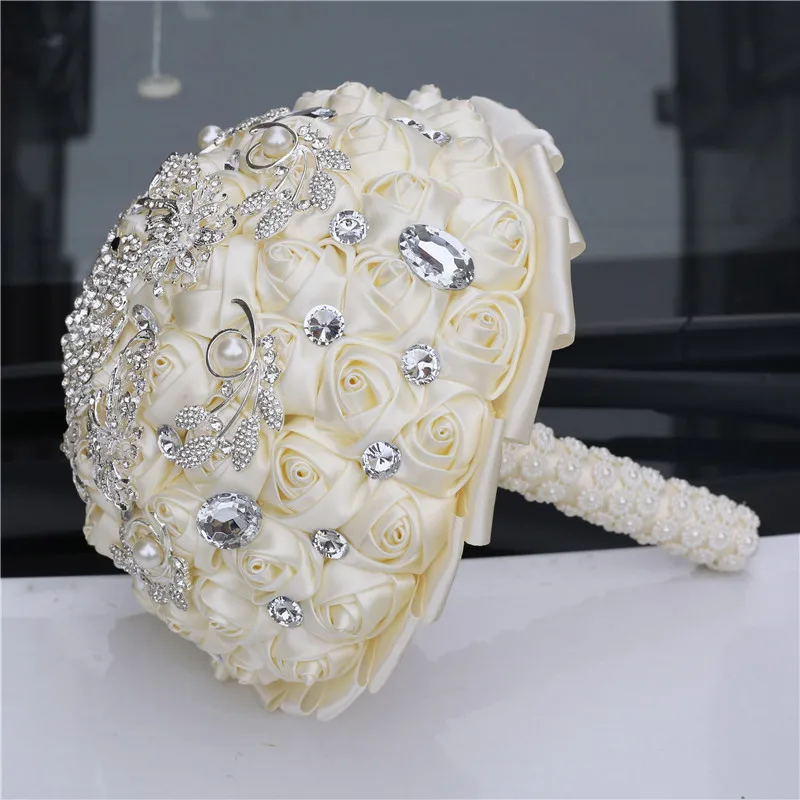 WifeLai-A Wedding Flower Ivory Satin Rose Bridal Bouquets Artificial Flower Wedding Bouquet Bridesmaid Bouquet With Crystal W258
