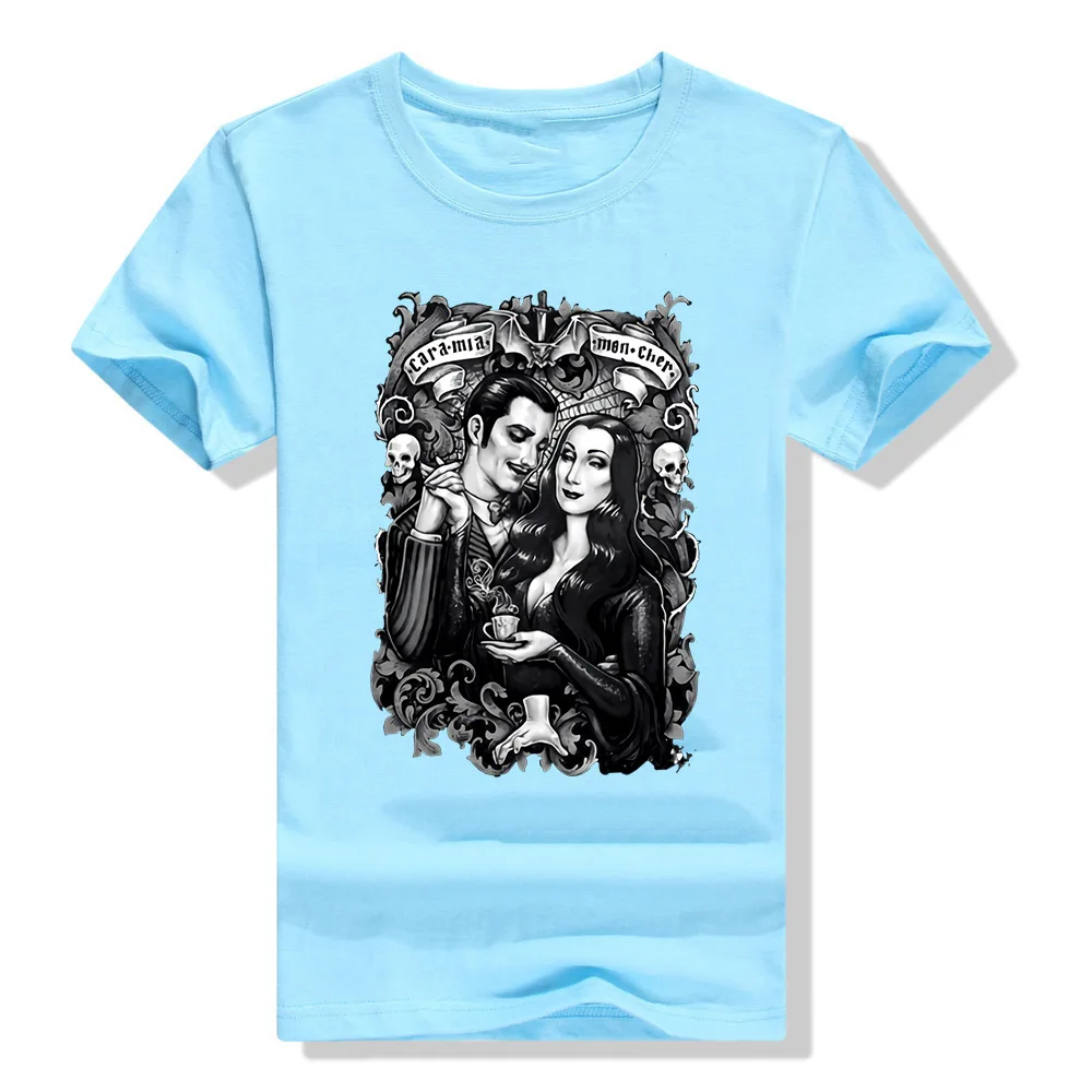 Черная футболка Cara My Mon Cher Morticia And Gomez The Addams family Horror футболка с фигурным рисунком - Цвет: Небесно-голубой
