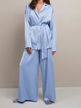 

Women Sleepwear 2 Piece Set Sleep Tops & Satin Pants Loose Pajamas Casual Nightgown Female Home Suits