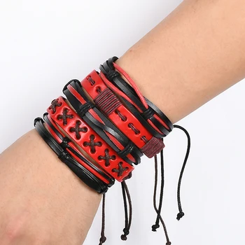 

Trendy Styles Design Fashion Red Wax Line Winding Wrap Men's Leather Bracelet Geometric Shape Charm Bracelets Punk Jewelry 2020