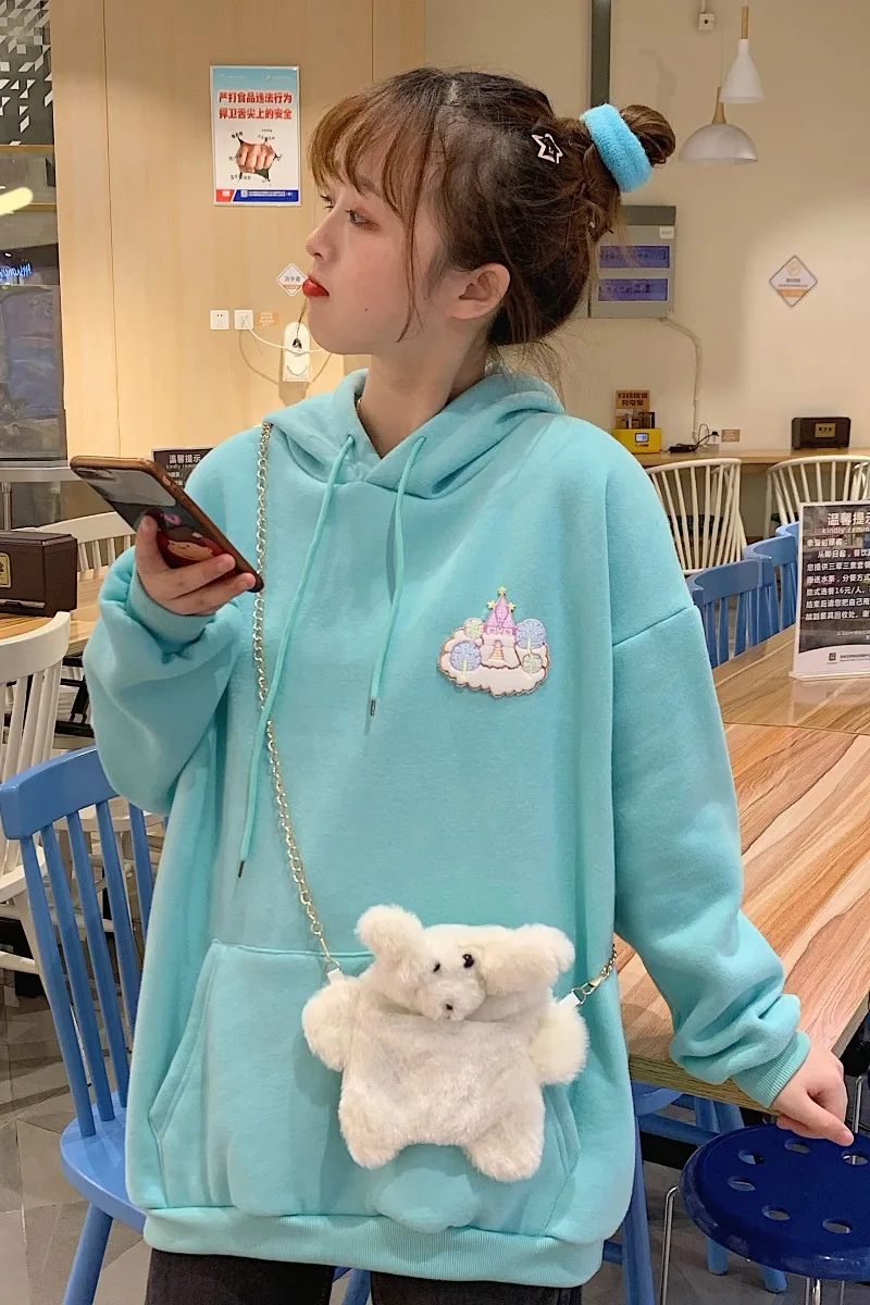 Осень Harajuku Kawaii толстовки Лолита милый замок шаблон печати пуловер плюс толстый бархат толстовка для женщин топы с длинными рукавами