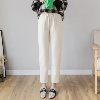 

Women Casual Pencil Pants New Autumn Winter Fashion Double Pocket Elastic High Waist Female Woolen Ankle-length Pants S079