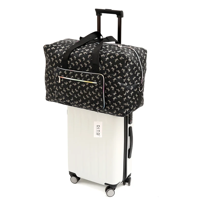 Foldable Travel Bag Women Large Capacity Portable Shoulder Duffle Bag Cartoon Printing Waterproof Weekend Luggage Tote Wholesale - Цвет: black dog