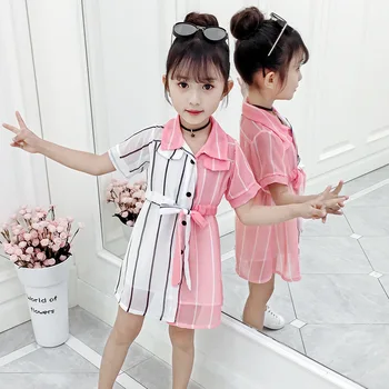 

Girls Dress Summer Elegant Kids Short Sleeve Striped Patchwork Shirt Dresses Fashion Children Clothes Girls Blouse 6 8 11 Years