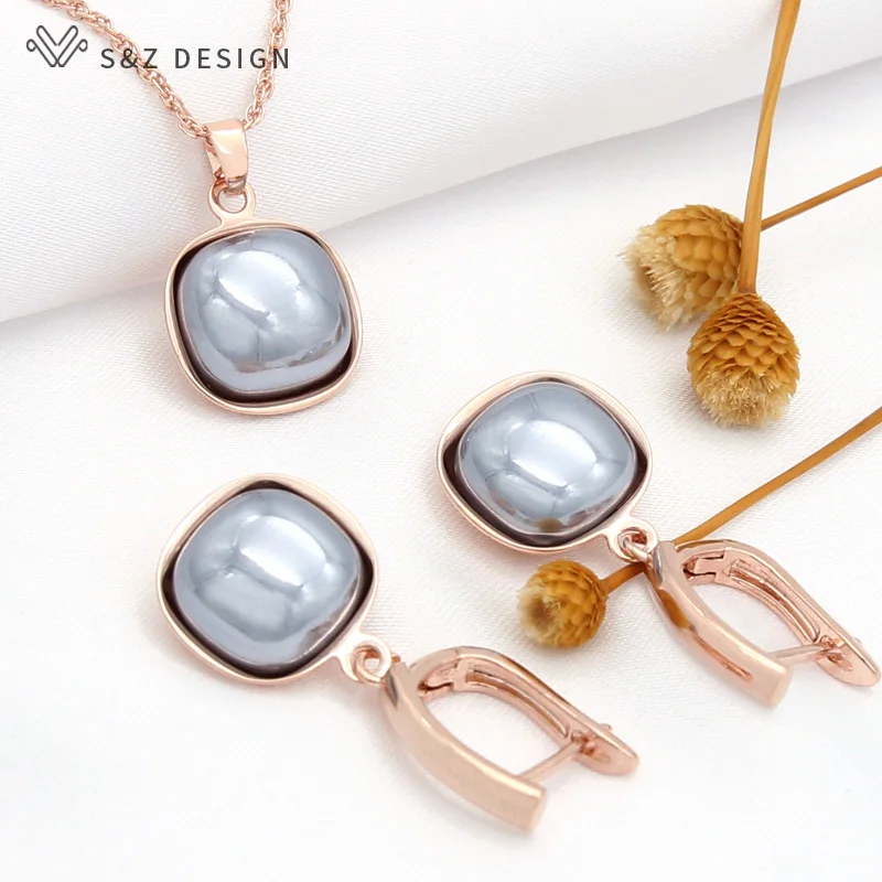 S&Z DESIGN Trendy Red Imitation Square Pearl Dangle Earrings Jewelry Sets For Women Wedding Party Elegant Fine Necklace