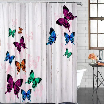 

Wood Grain Retro Butterfly Colored Modern Home Decor Bathroom Waterproof Shower Curtain