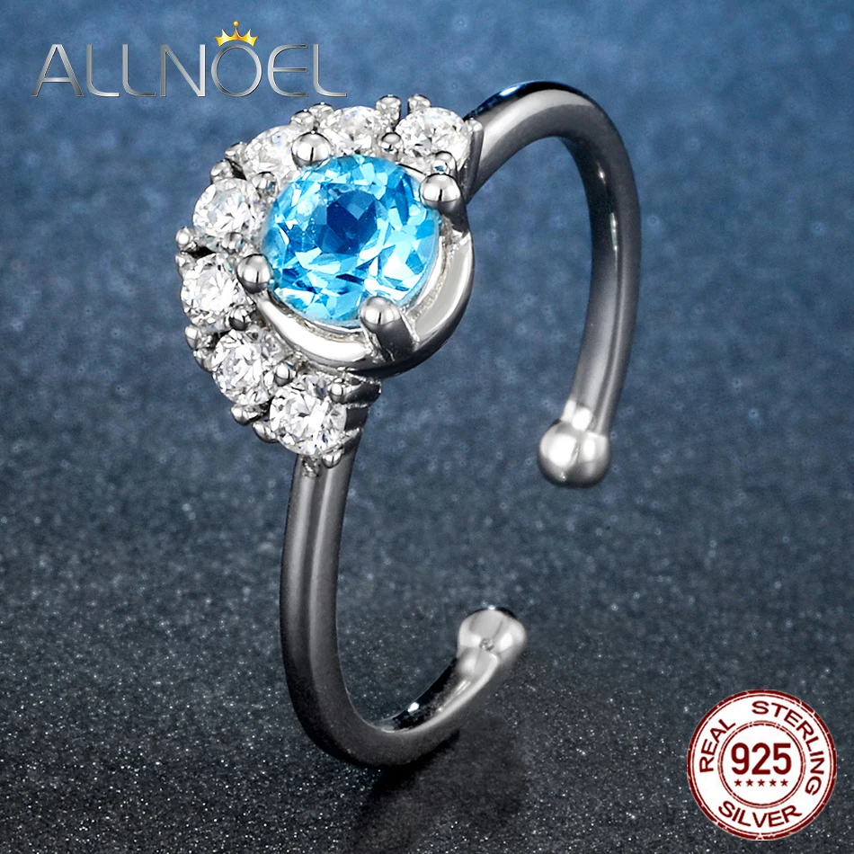 

ALLNOEL Real 925 Sterling Silver Ring Women's Gemstone Sky Blue Topaz Female Ring Round Wedding Valentine's Jewelry