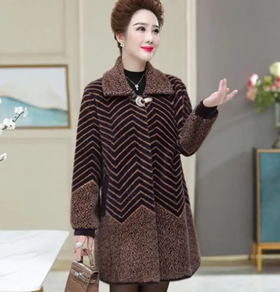 Red lapels Осенняя Зимняя Толстая кашемировая парка нового среднего возраста женщин размера плюс с капюшоном топы полосатое шерстяное пальто Женская Тонкая Повседневная куртка 6XL - Цвет: Red lapels