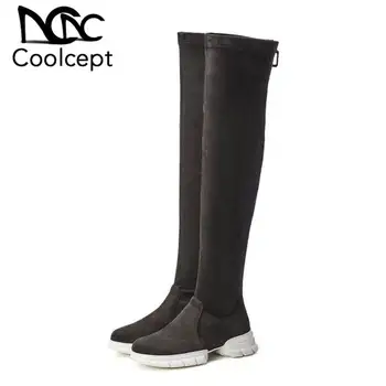 

CoolCept Women Real Leather Stretch Boots Casual Winter Over The Knee Boots Thick Sole Platform Shoes Woman Footwear Size 34-39