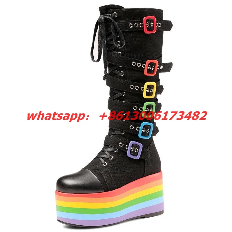 Colorful thick-soled platform breathable cowhide lace-up boots