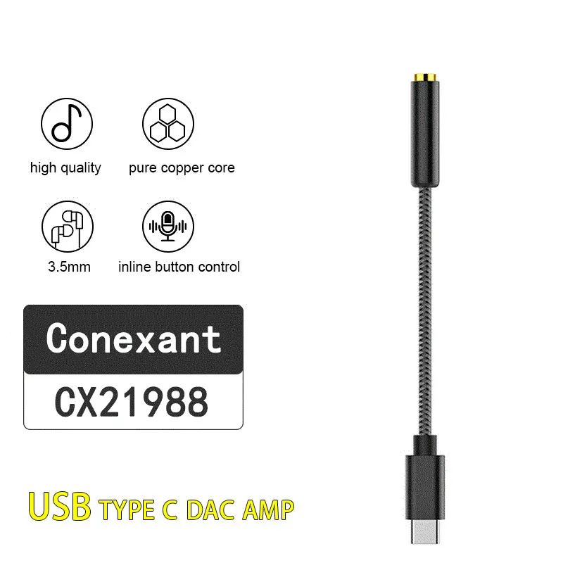 

Type C to 3.5mm Audio Earphone Jack DAC Audio Adapter with CONEXANT CX21988 24bit/96kHz