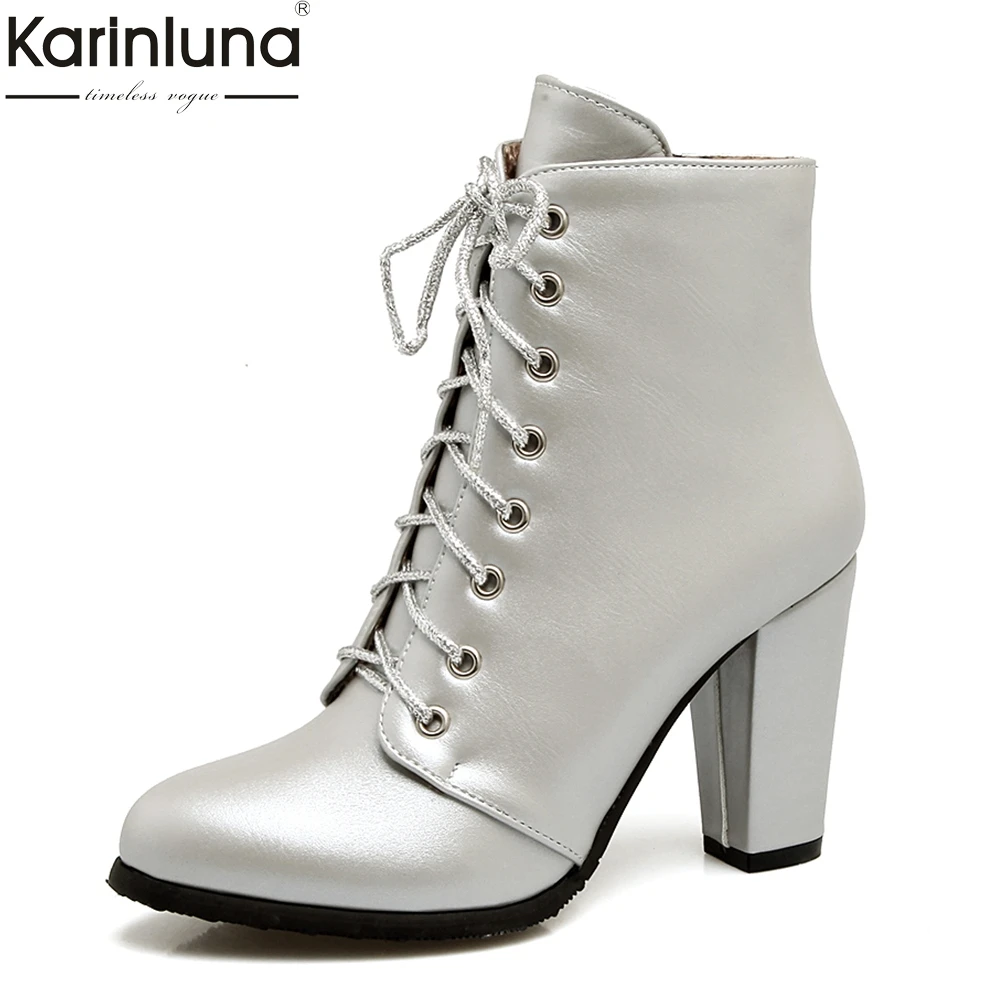 

Karinluna 2019 Retro top qaulity big size 43 high heels shoes woman boots female fashion lace up office lady ankle boots women