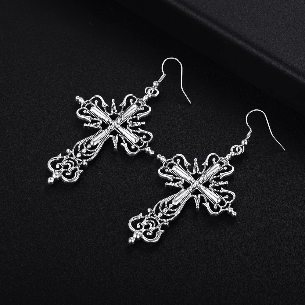 Trendy Vintage Cross Shape Dangle Antique Silver Plated Earrings For