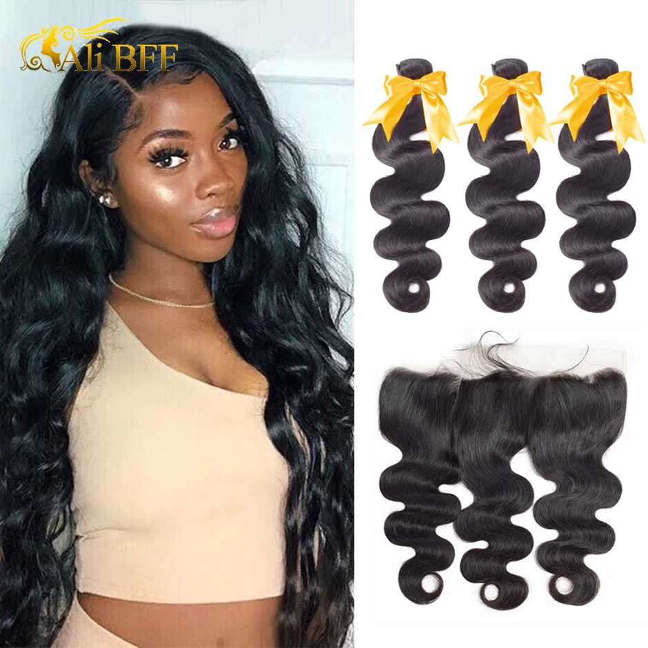 

ALI BFF Hair 3 Bundles Indian Body Wave With Frontal Remy Human Hair Bundles With 13X4 Ear To Ear Lace Frontal