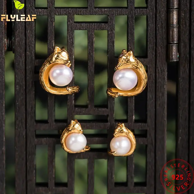 

925 Sterling Silver Freshwater Pearl Fox Stud Earrings For Women Ethnic Style 18k Gold Plating Female Fine Jewelry