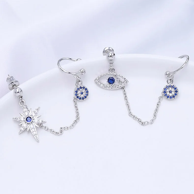 New Trend Cubic Zirconia Blue Eye And Star Asymmetric Earrings Luxury Brand Design Long Earrings For Women Fashion Jewelry - Окраска металла: SILVER