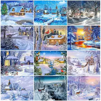 

HUACAN Full Square Diamond Painting Handmade Winter Scenery Cross Stitch 5D Diamond Embroidery Christmas Decor Landscape