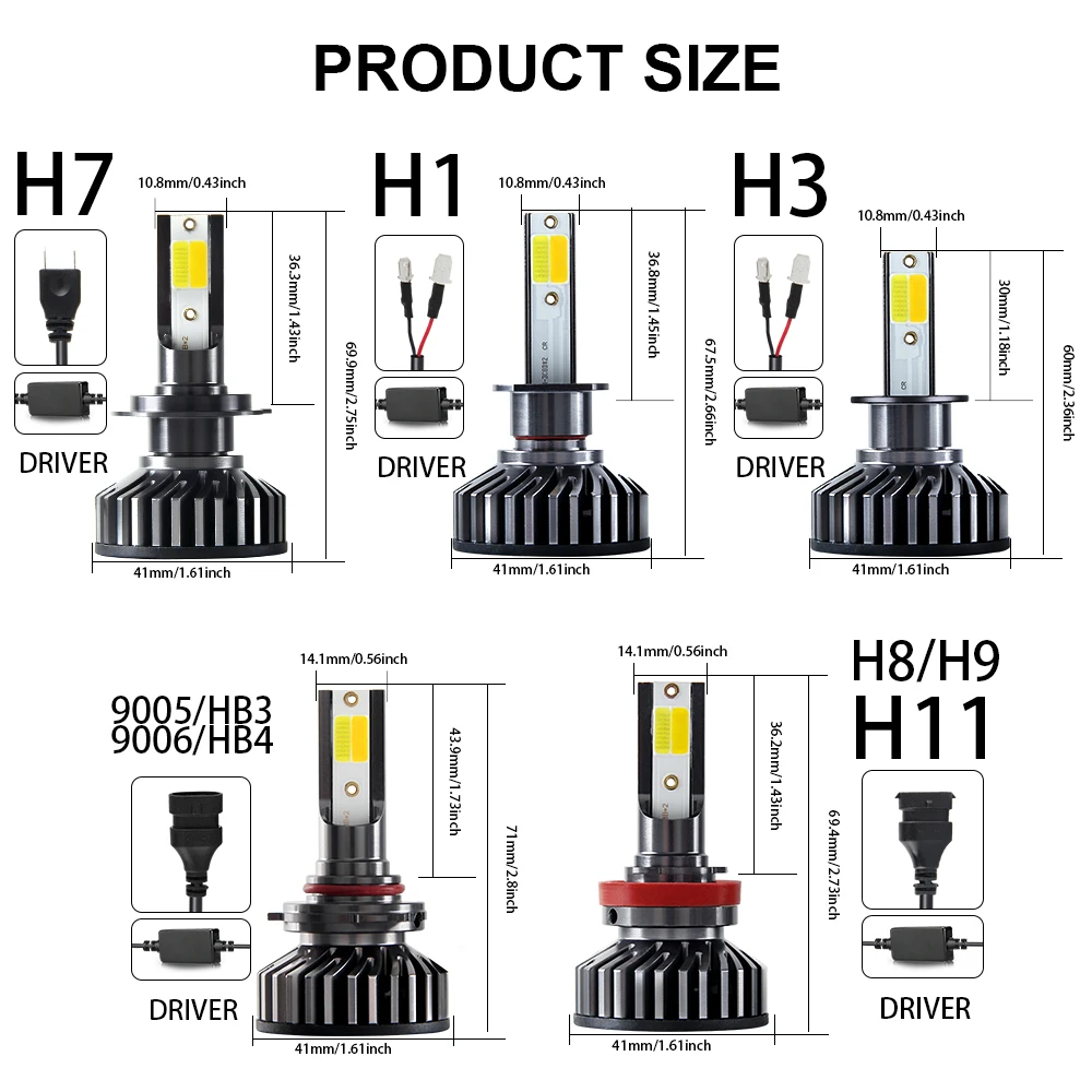 BraveWay 3000K + 6500K H1 H3 Led Bulbs H7 H8 H11 Led Light Dual Color Headlight Bulb 12V 10000LM 9005 9006 HB3 HB4 LED Fog Lamps images - 6