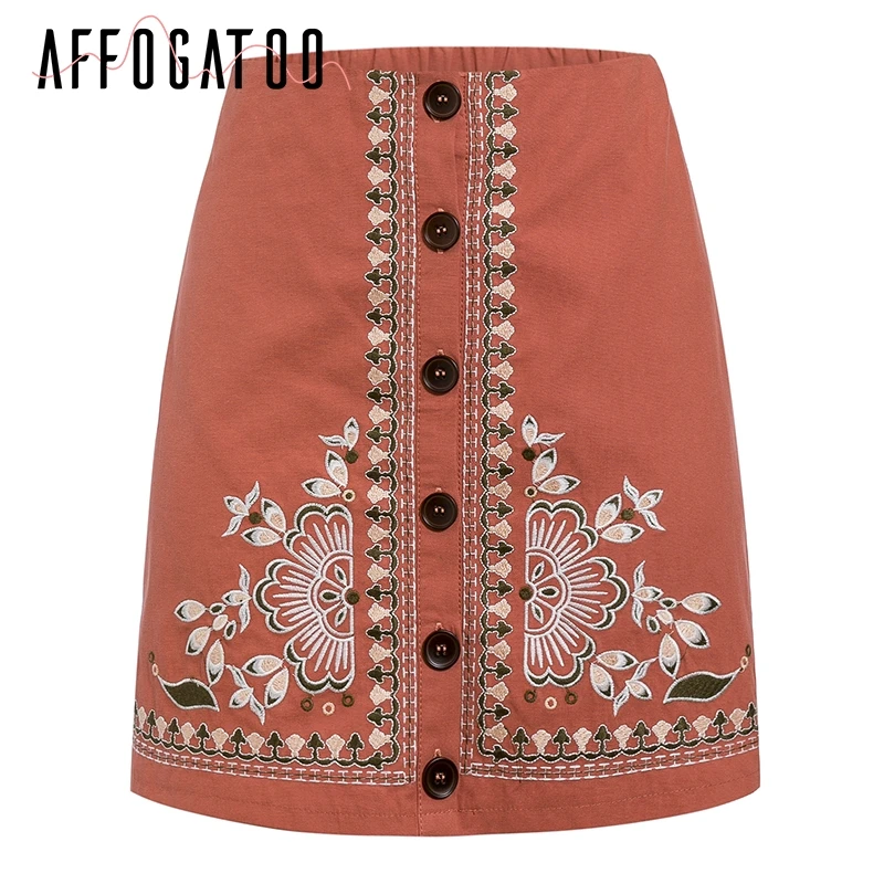 Afogafoo Сексуальная Этническая Цветочная вышивка женская юбка винтажная трапециевидная пуговица женские мини-юбки с высокой талией женские хлопковые юбки