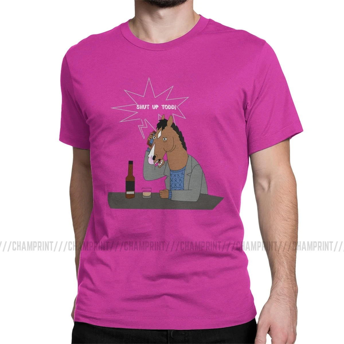 Винтажная Мужская футболка Bojack Horseman с круглым воротником, футболка из чистого хлопка с мультипликационным принтом Swag, сериал комиксов, футболки с коротким рукавом, топы с принтами - Цвет: Фуксия
