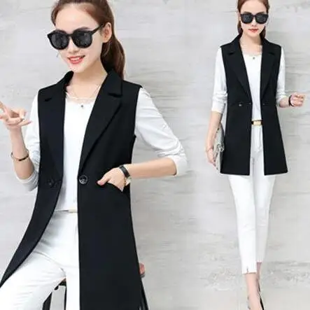 Spring Sleeveless Jacket Long Suit Vest Women Slim Blazer Vest Coat Waistcoat Office Lady Elegant Black/Red/Blue DV511